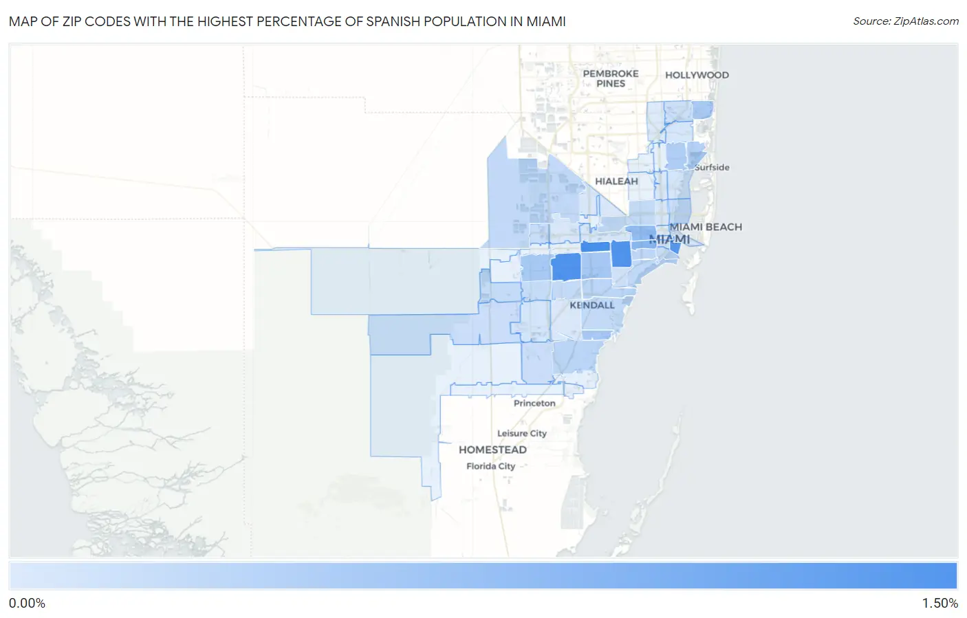 Zip Codes with the Highest Percentage of Spanish Population in Miami Map