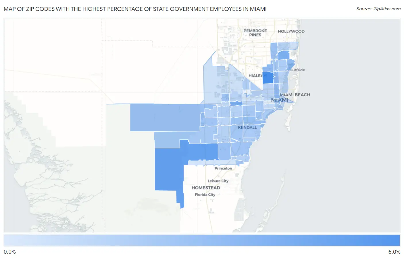 Zip Codes with the Highest Percentage of State Government Employees in Miami Map