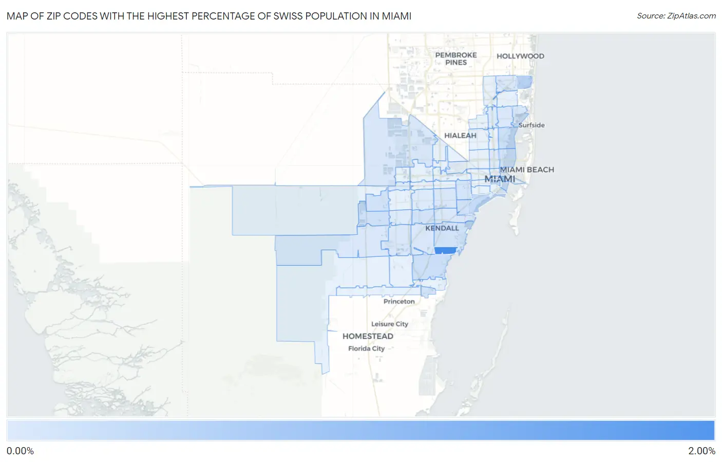 Zip Codes with the Highest Percentage of Swiss Population in Miami Map