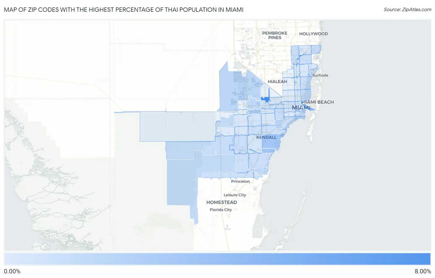 Zip Codes with the Highest Percentage of Thai Population in Miami Map