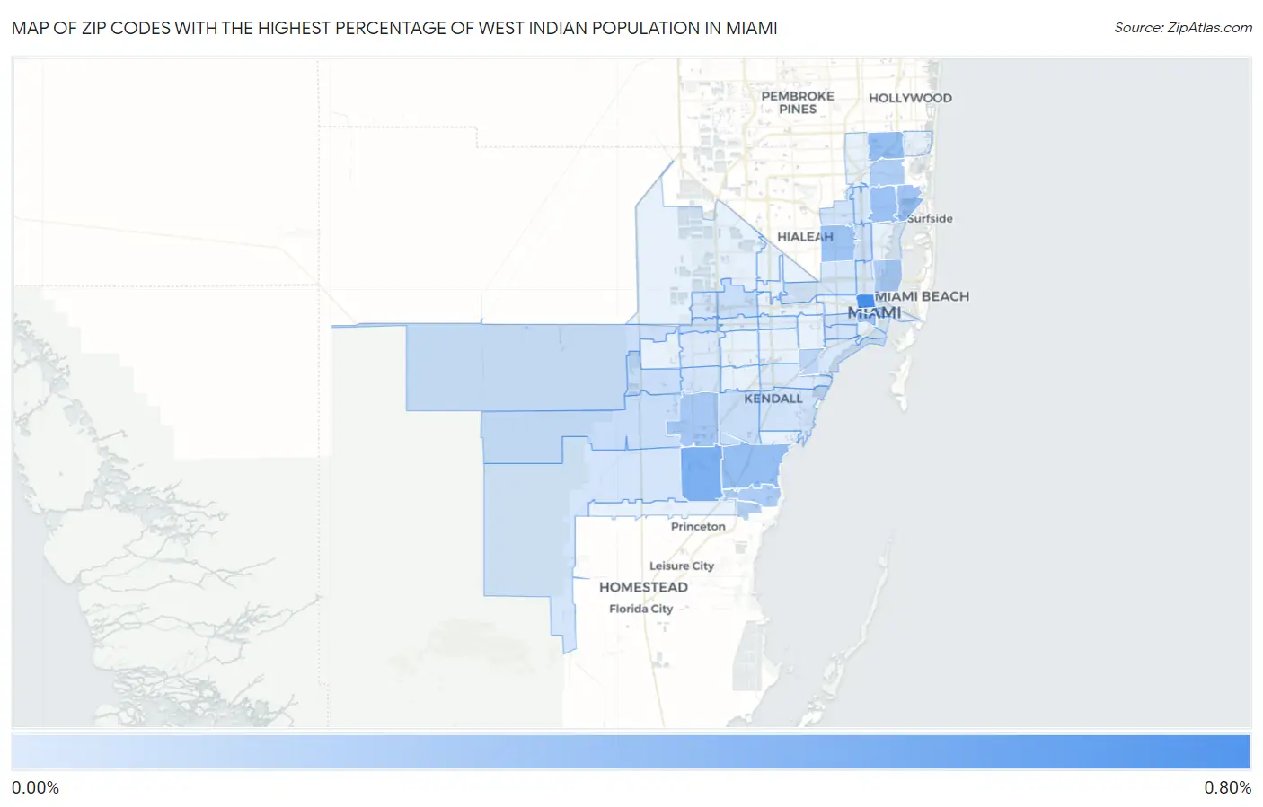Zip Codes with the Highest Percentage of West Indian Population in Miami Map