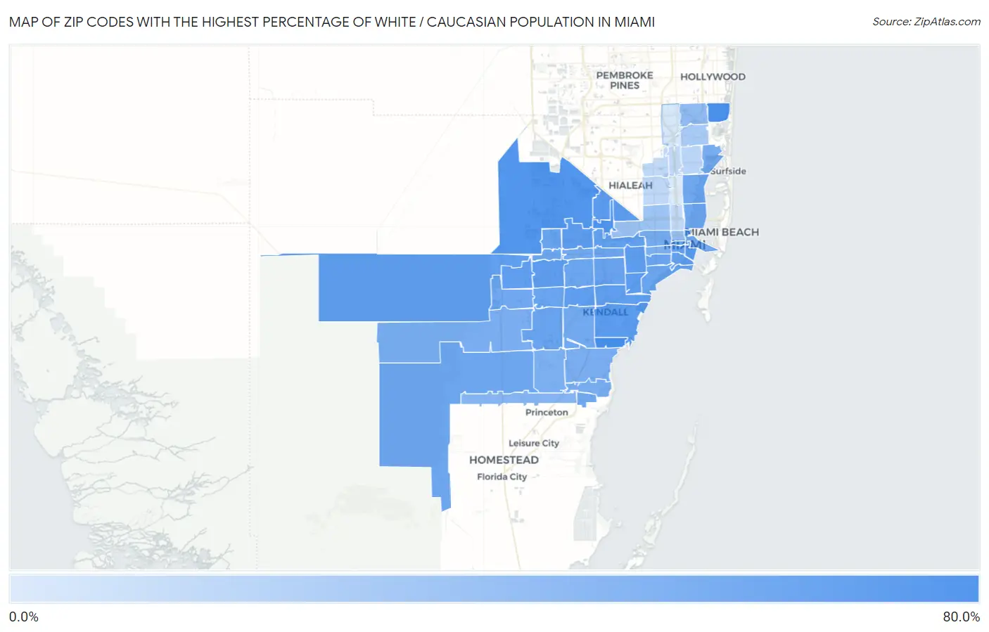 Zip Codes with the Highest Percentage of White / Caucasian Population in Miami Map