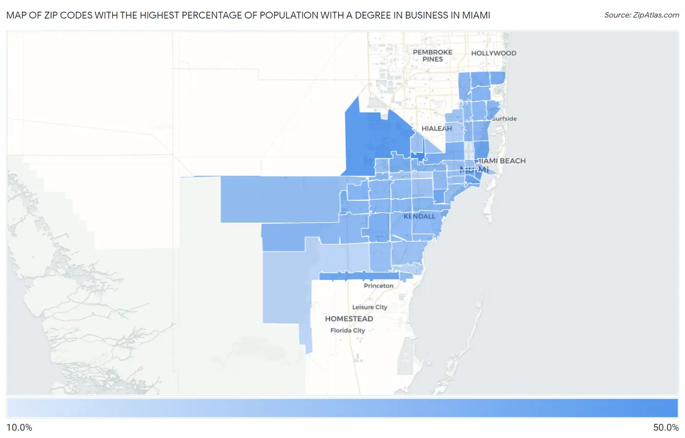 Zip Codes with the Highest Percentage of Population with a Degree in Business in Miami Map