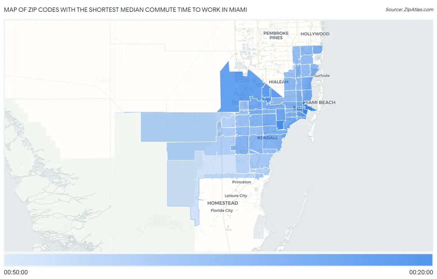 Zip Codes with the Shortest Median Commute Time to Work in Miami Map