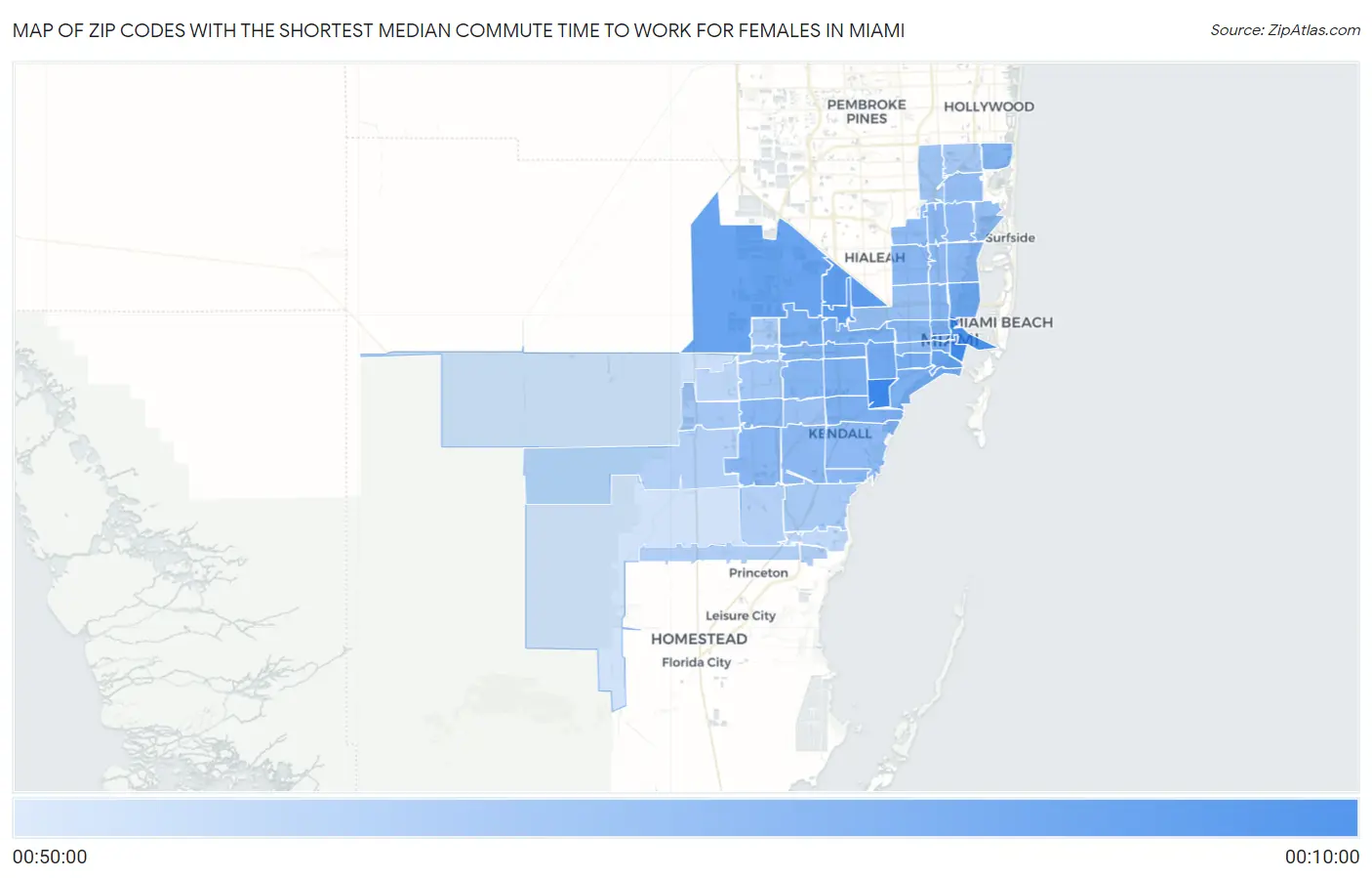 Zip Codes with the Shortest Median Commute Time to Work for Females in Miami Map