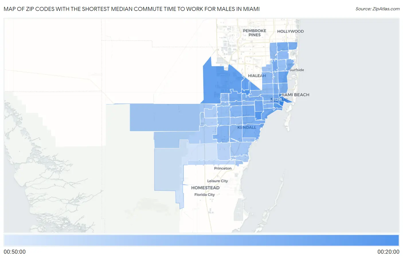 Zip Codes with the Shortest Median Commute Time to Work for Males in Miami Map