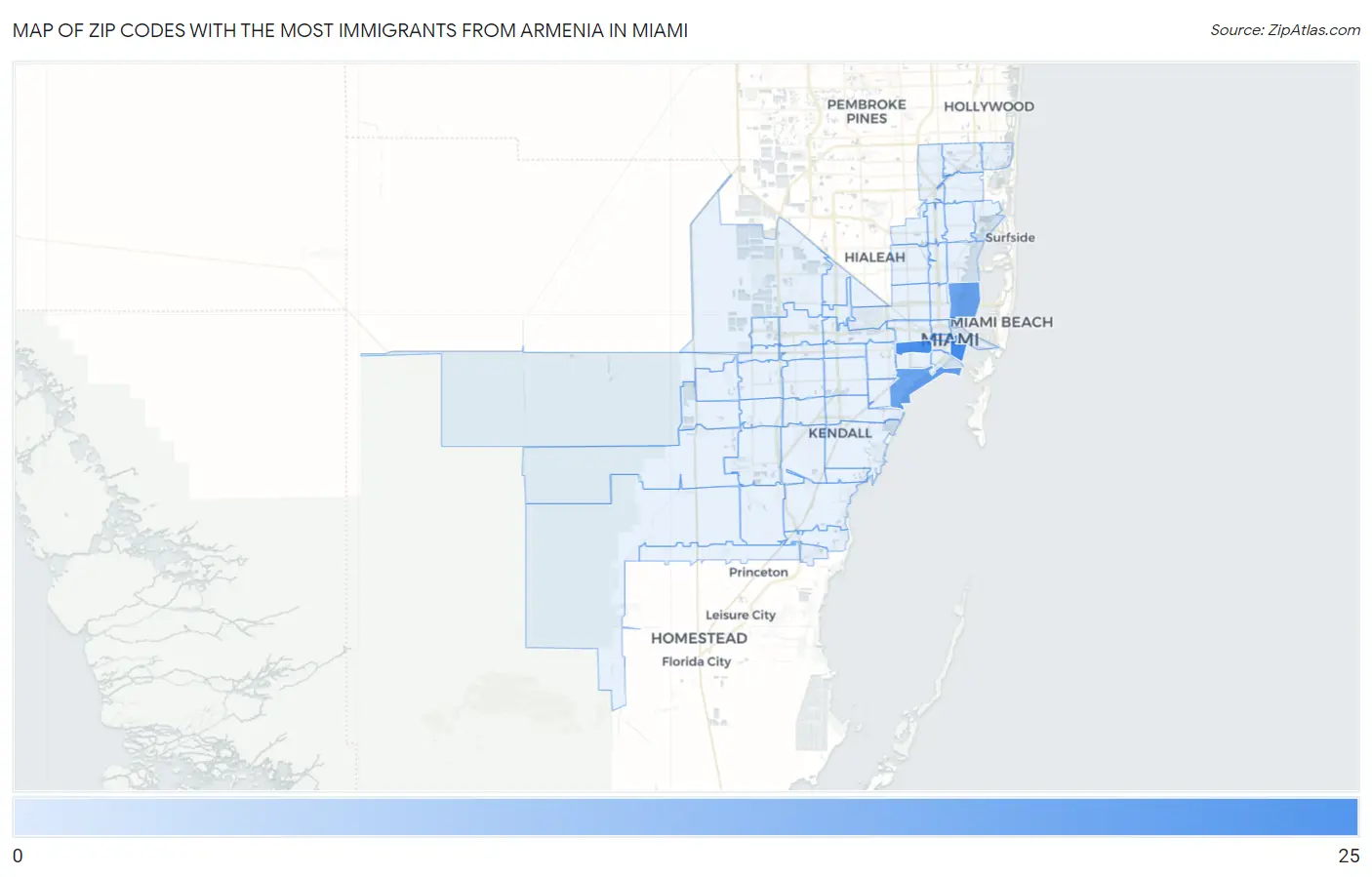 Zip Codes with the Most Immigrants from Armenia in Miami Map