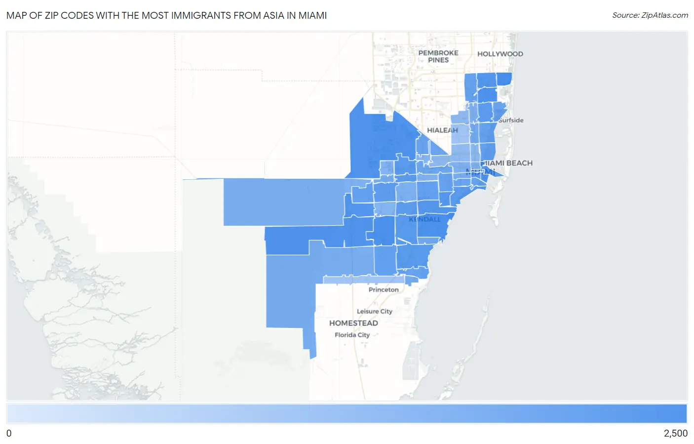 Zip Codes with the Most Immigrants from Asia in Miami Map