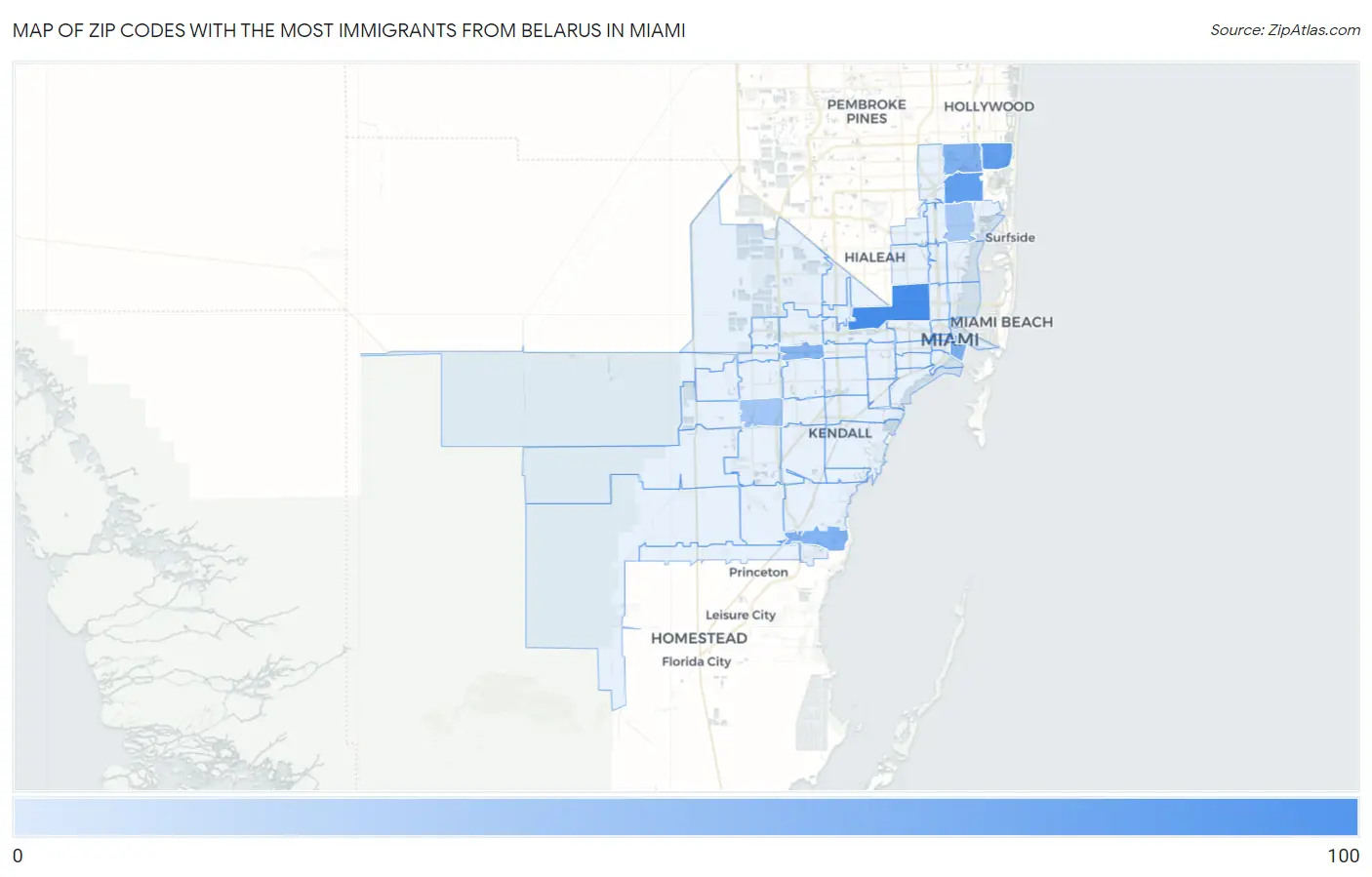 Zip Codes with the Most Immigrants from Belarus in Miami Map