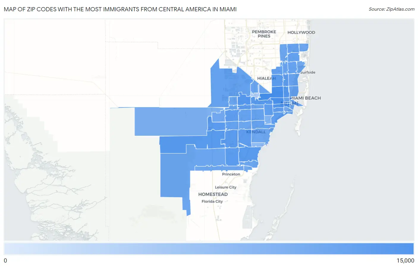 Zip Codes with the Most Immigrants from Central America in Miami Map