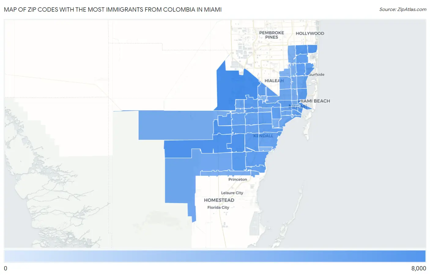 Zip Codes with the Most Immigrants from Colombia in Miami Map