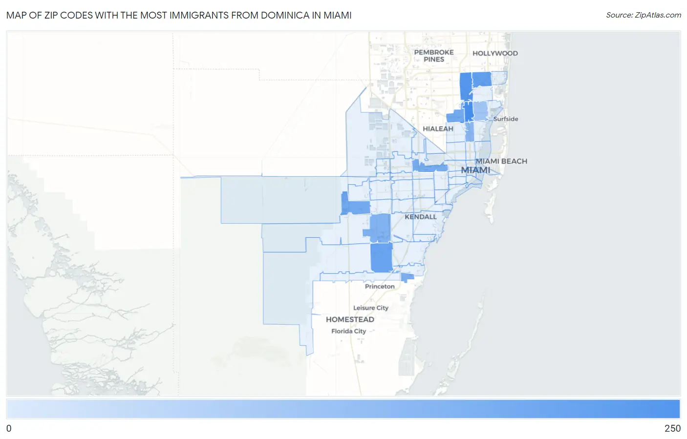 Zip Codes with the Most Immigrants from Dominica in Miami Map