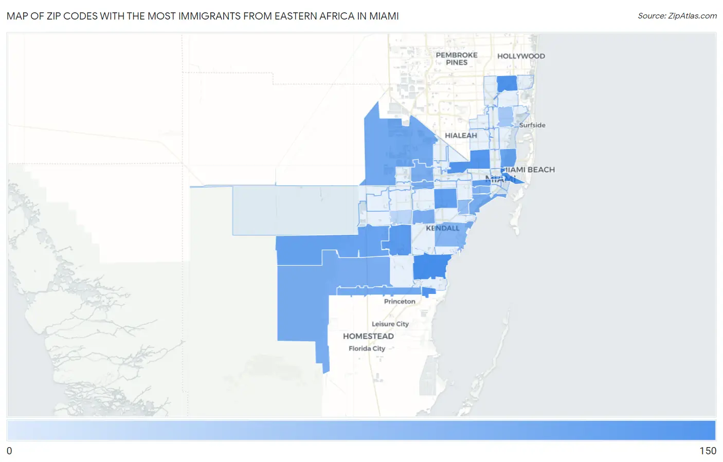 Zip Codes with the Most Immigrants from Eastern Africa in Miami Map