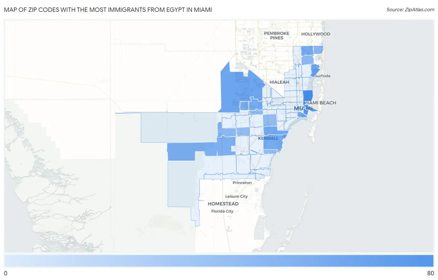 Zip Codes with the Most Immigrants from Egypt in Miami Map