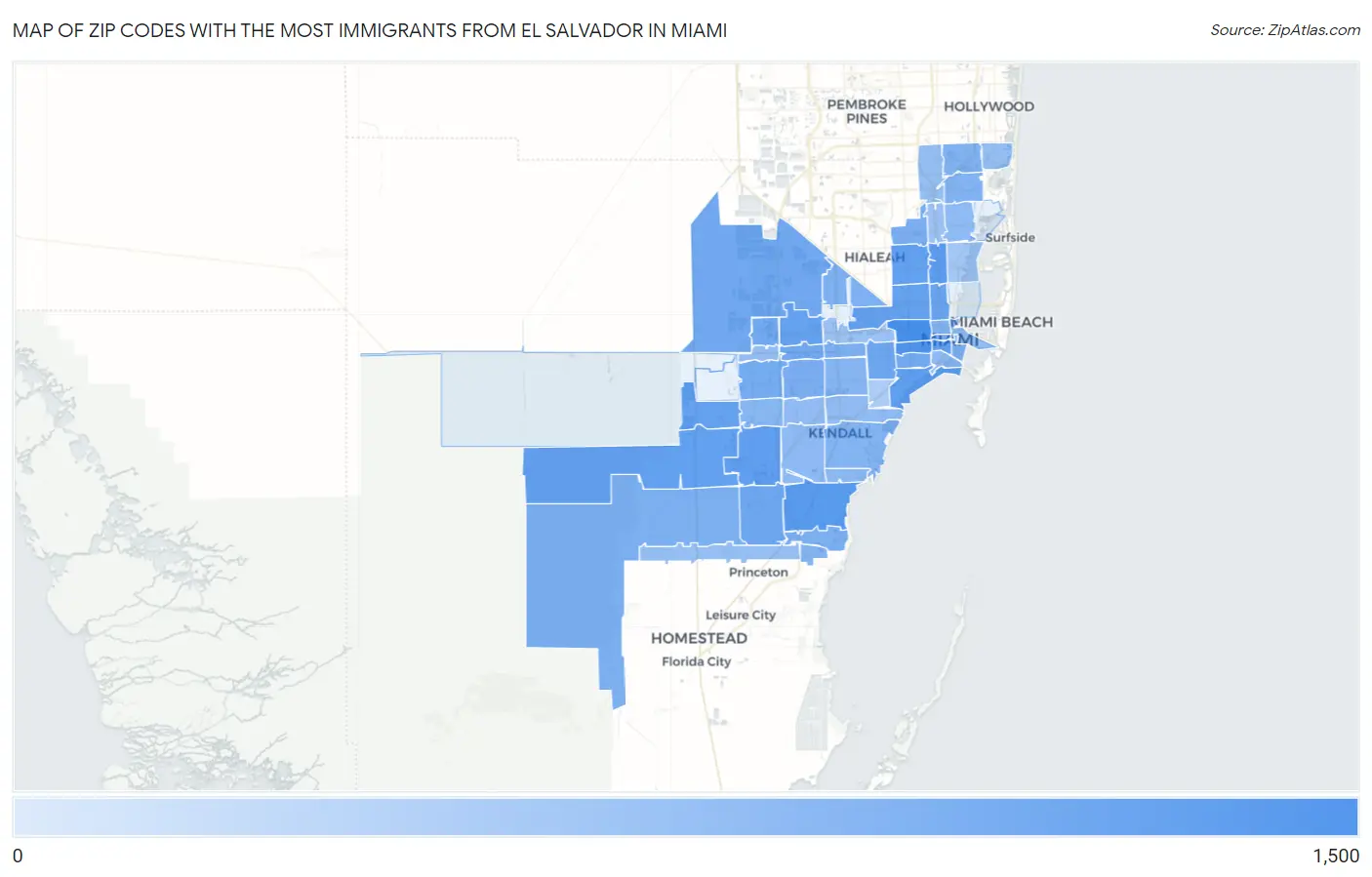 Zip Codes with the Most Immigrants from El Salvador in Miami Map