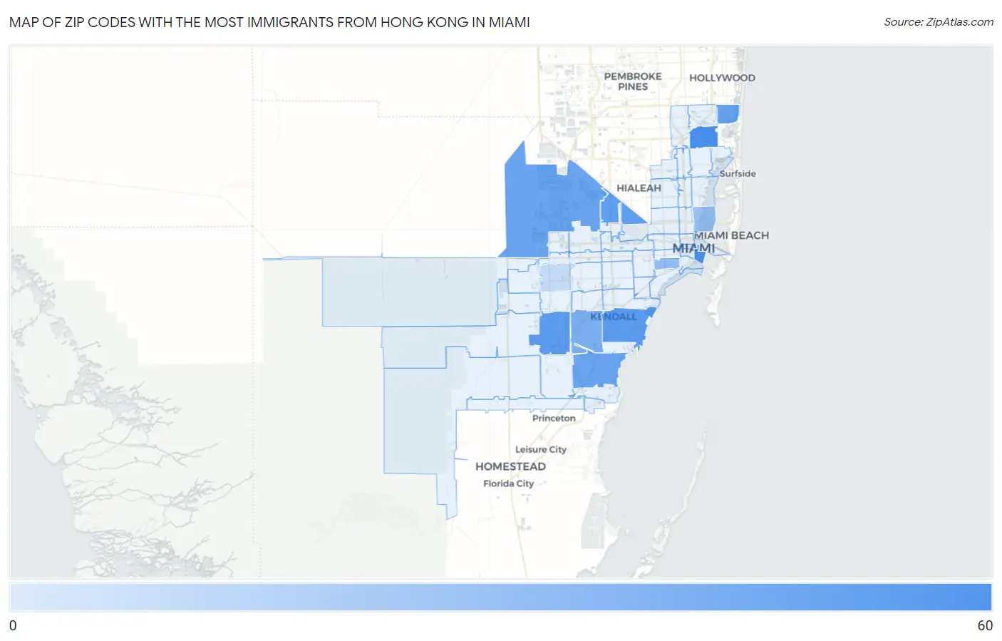 Zip Codes with the Most Immigrants from Hong Kong in Miami Map