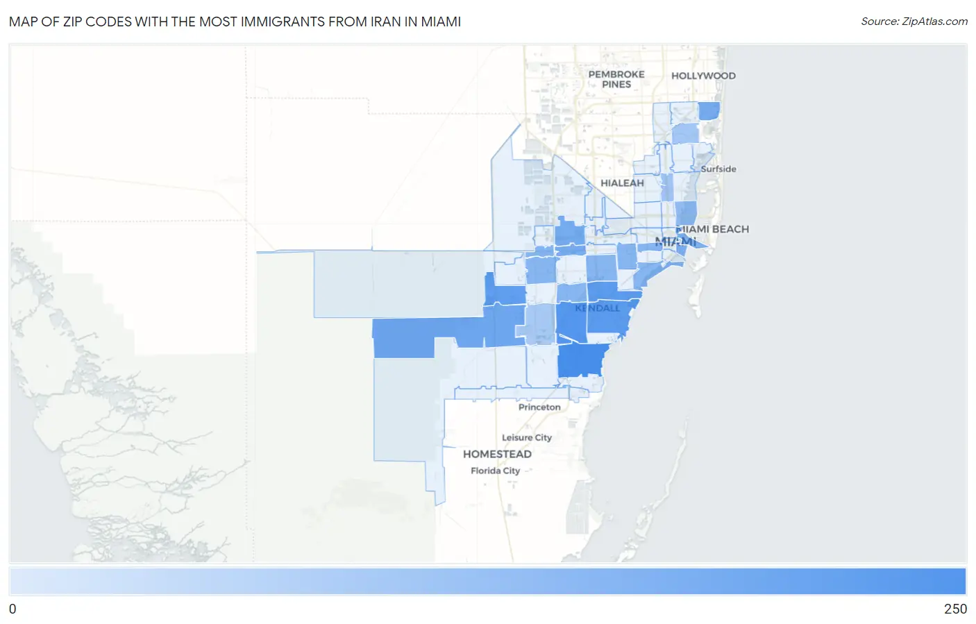 Zip Codes with the Most Immigrants from Iran in Miami Map