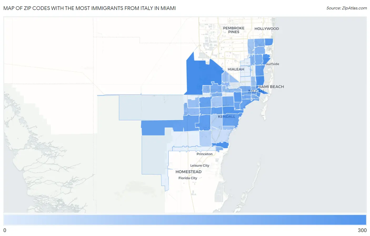 Zip Codes with the Most Immigrants from Italy in Miami Map