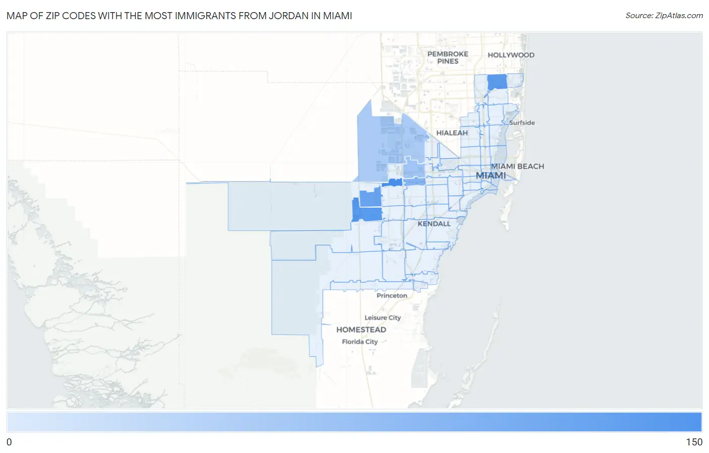 Zip Codes with the Most Immigrants from Jordan in Miami Map