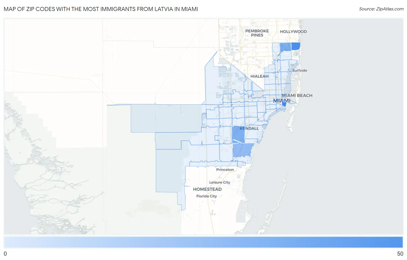 Zip Codes with the Most Immigrants from Latvia in Miami Map
