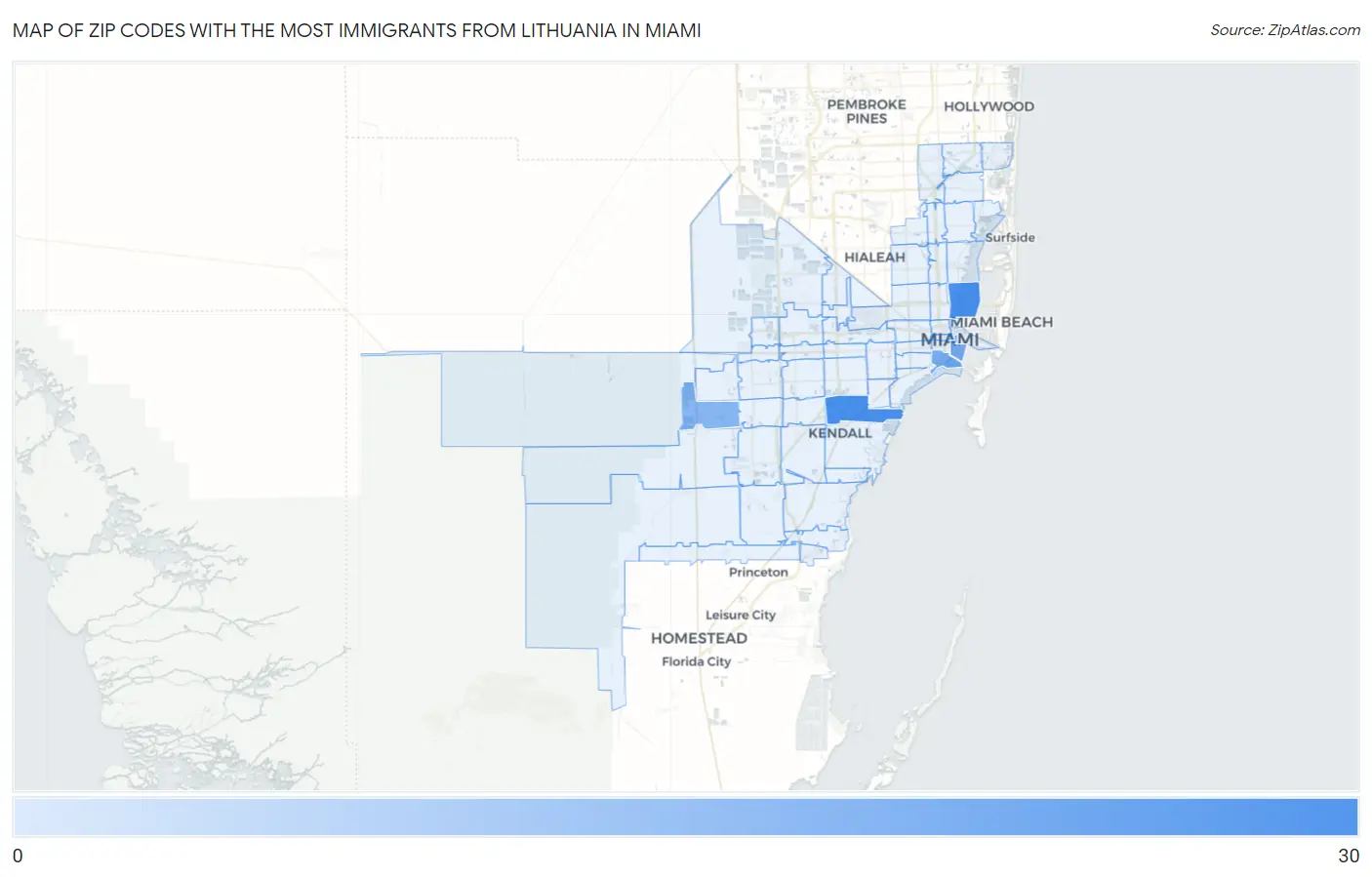 Zip Codes with the Most Immigrants from Lithuania in Miami Map