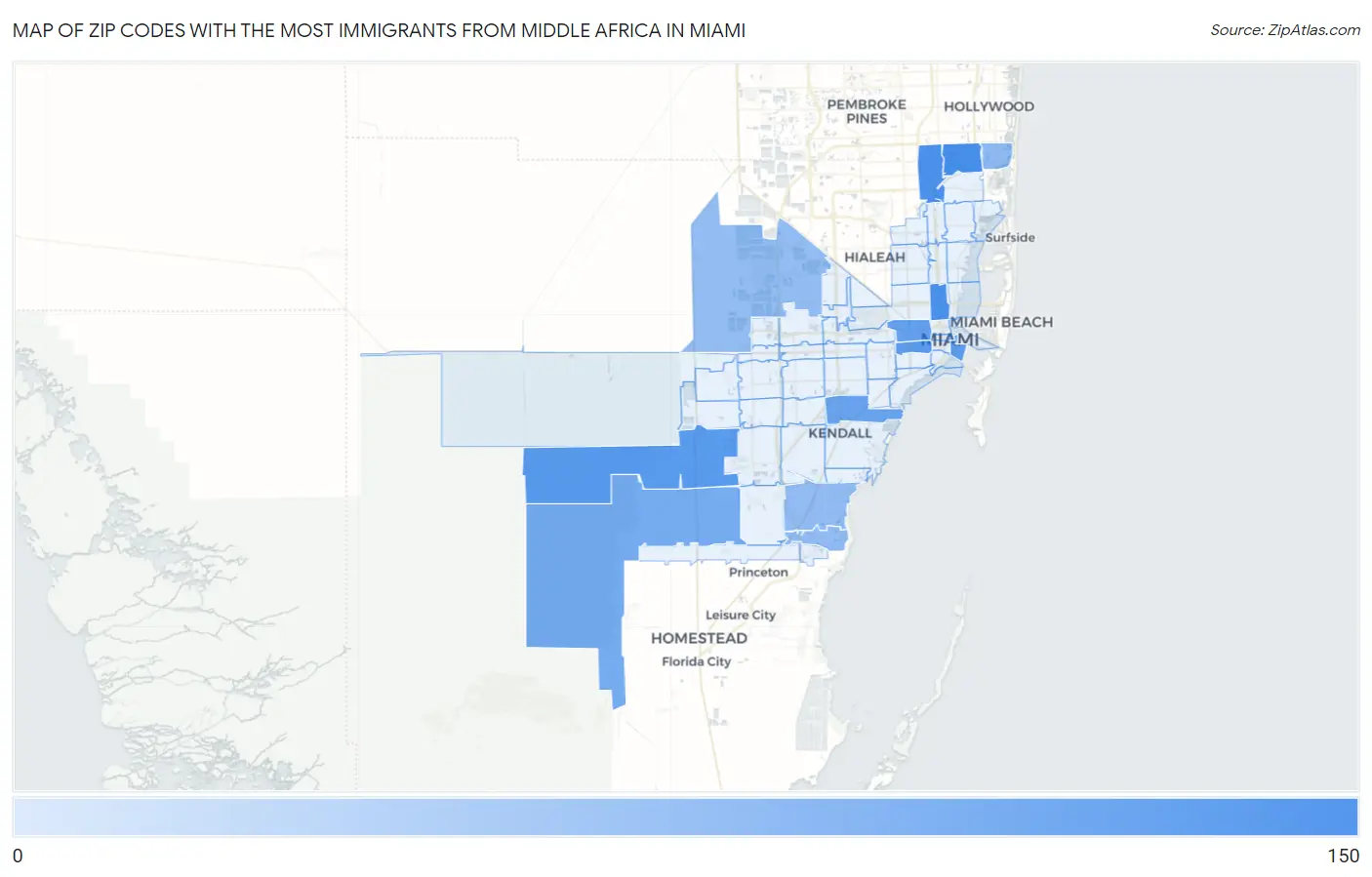 Zip Codes with the Most Immigrants from Middle Africa in Miami Map