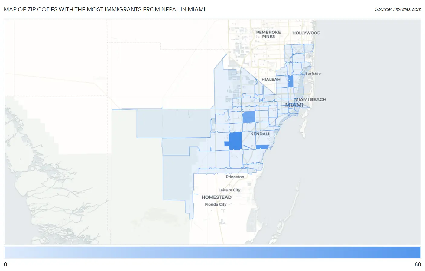 Zip Codes with the Most Immigrants from Nepal in Miami Map