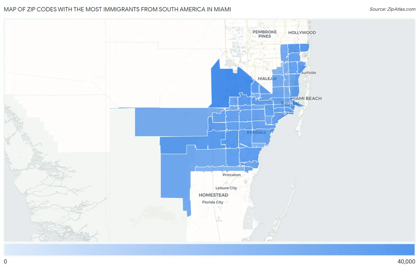 Zip Codes with the Most Immigrants from South America in Miami Map
