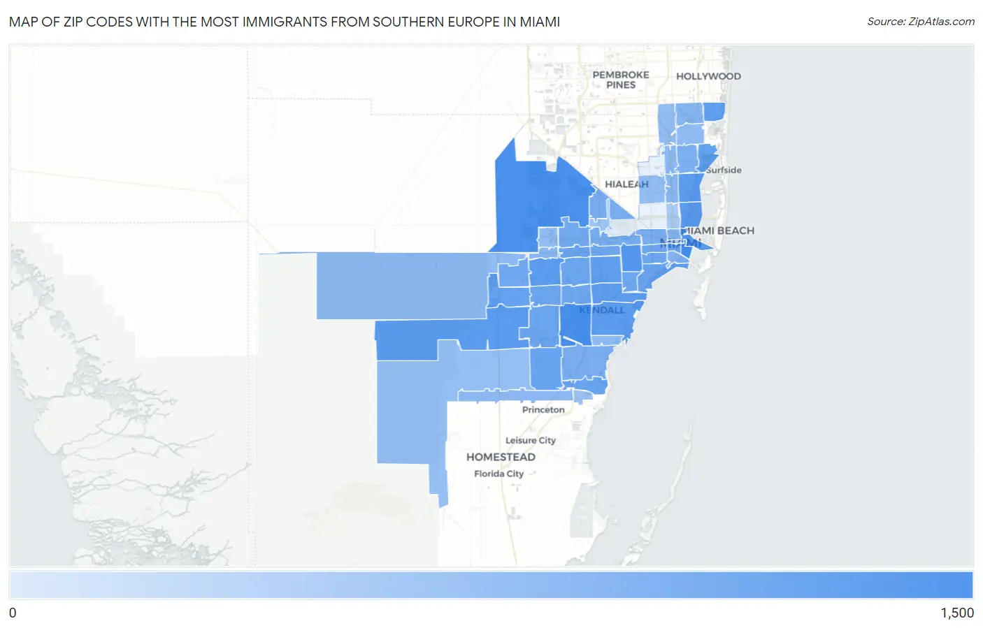 Zip Codes with the Most Immigrants from Southern Europe in Miami Map