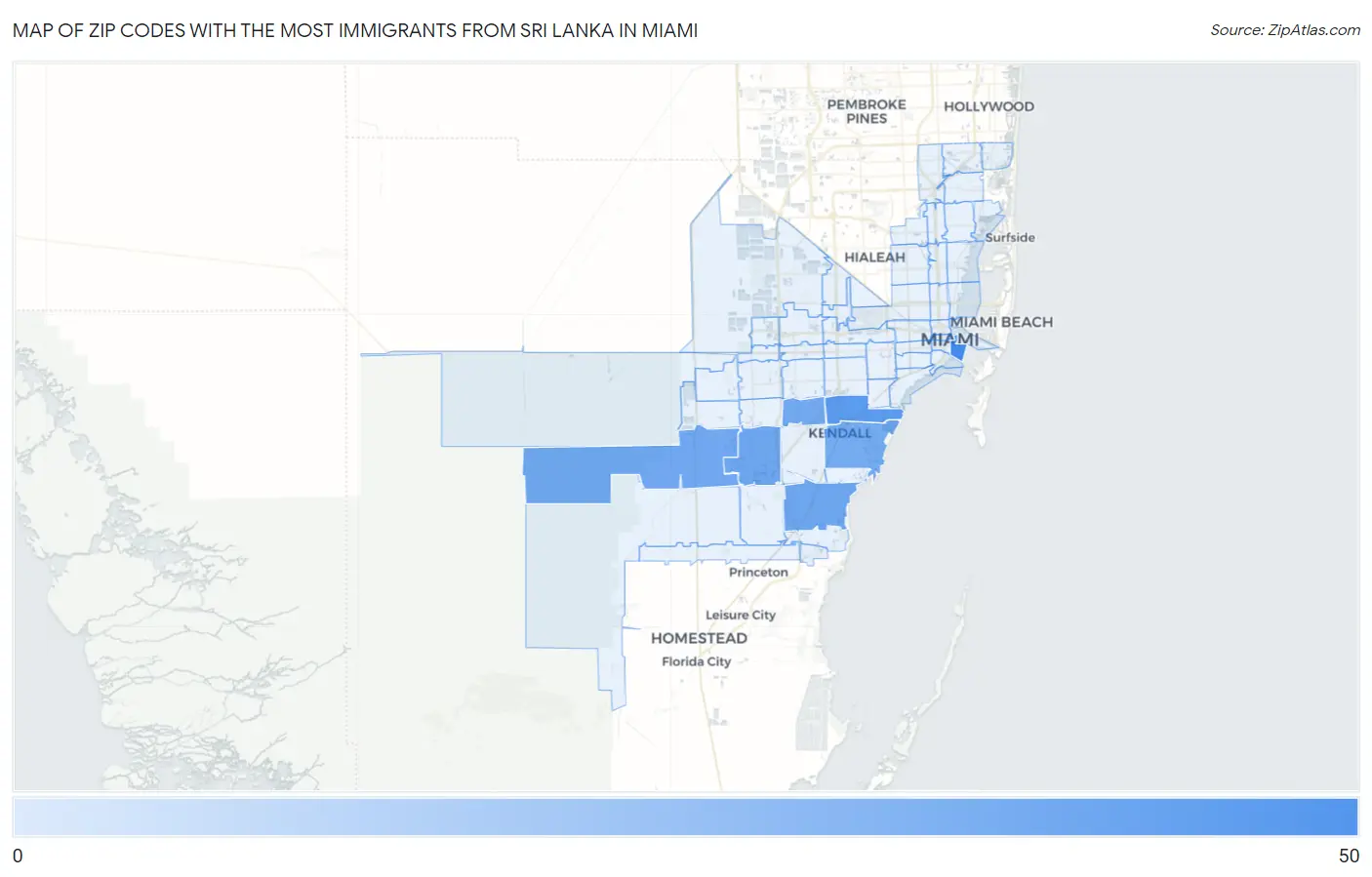 Zip Codes with the Most Immigrants from Sri Lanka in Miami Map