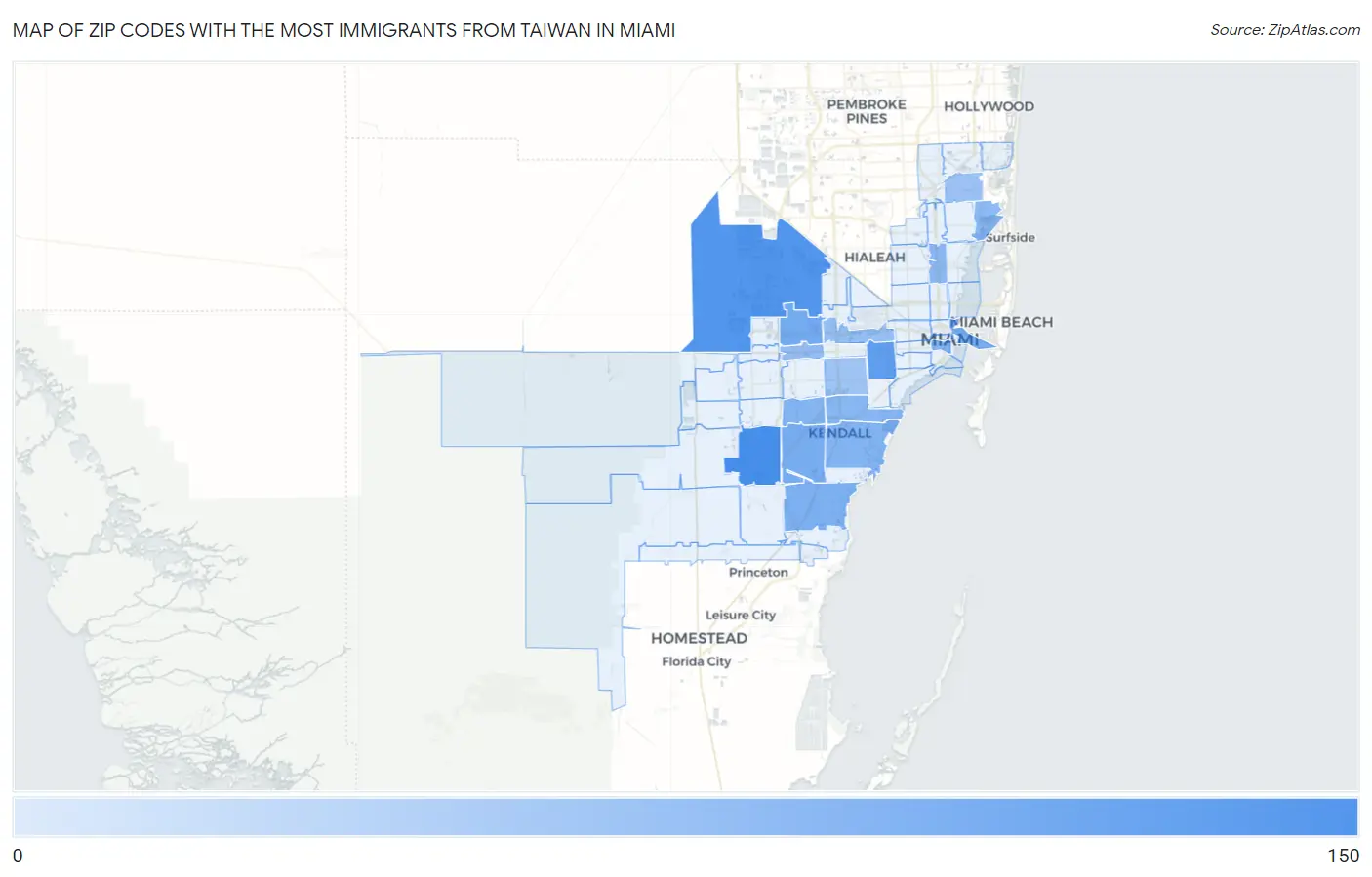 Zip Codes with the Most Immigrants from Taiwan in Miami Map