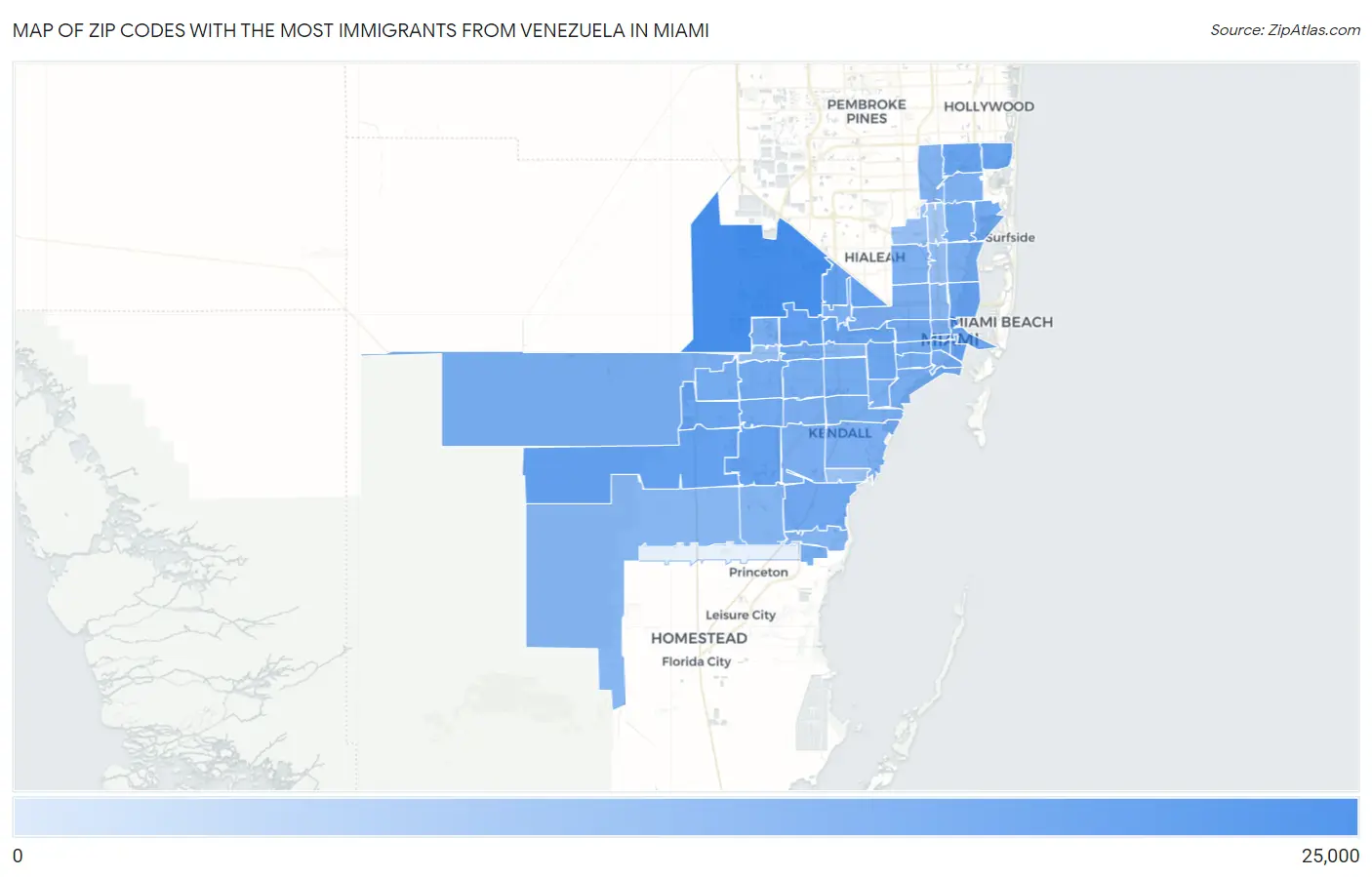 Zip Codes with the Most Immigrants from Venezuela in Miami Map