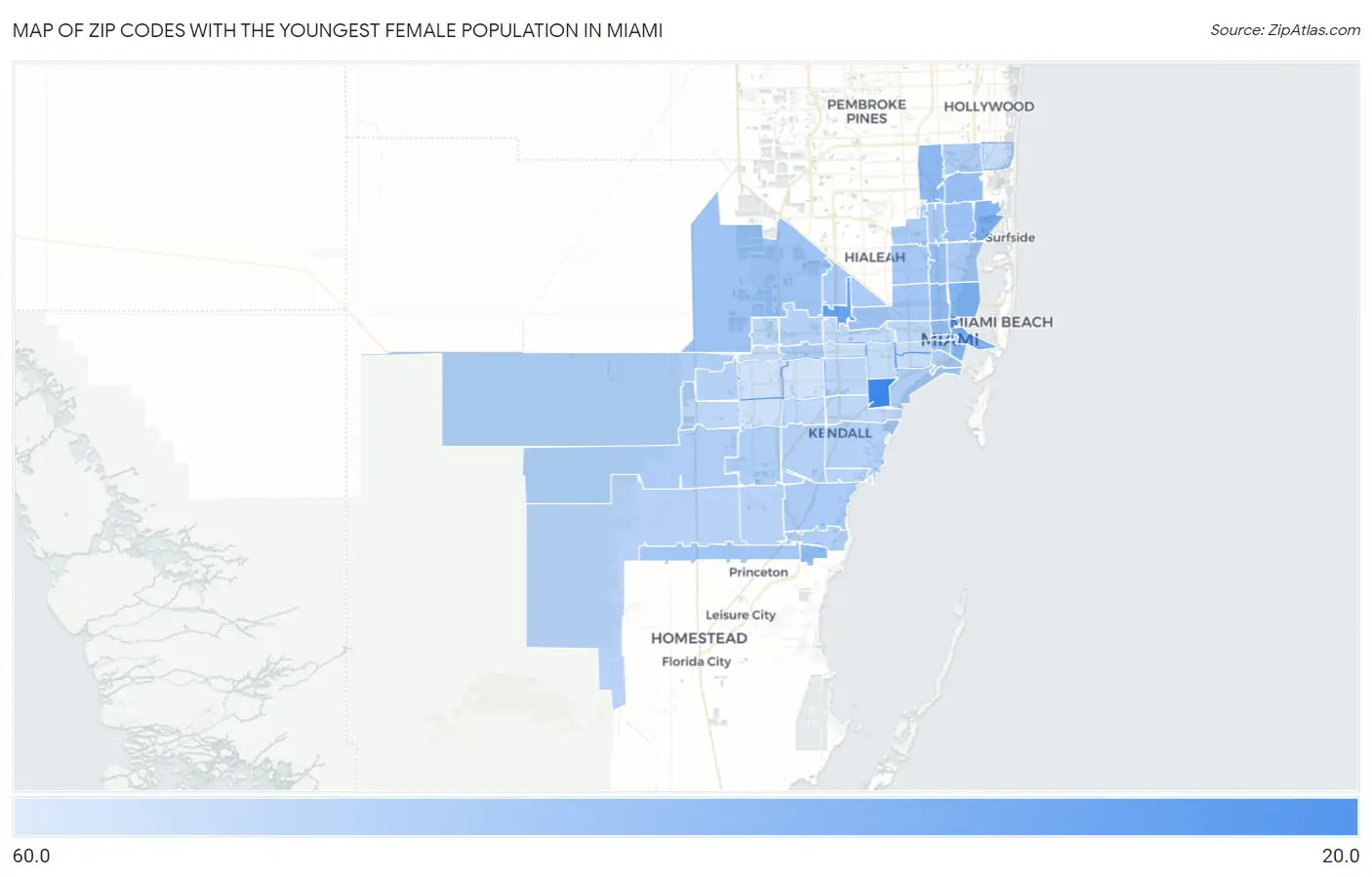 Zip Codes with the Youngest Female Population in Miami Map
