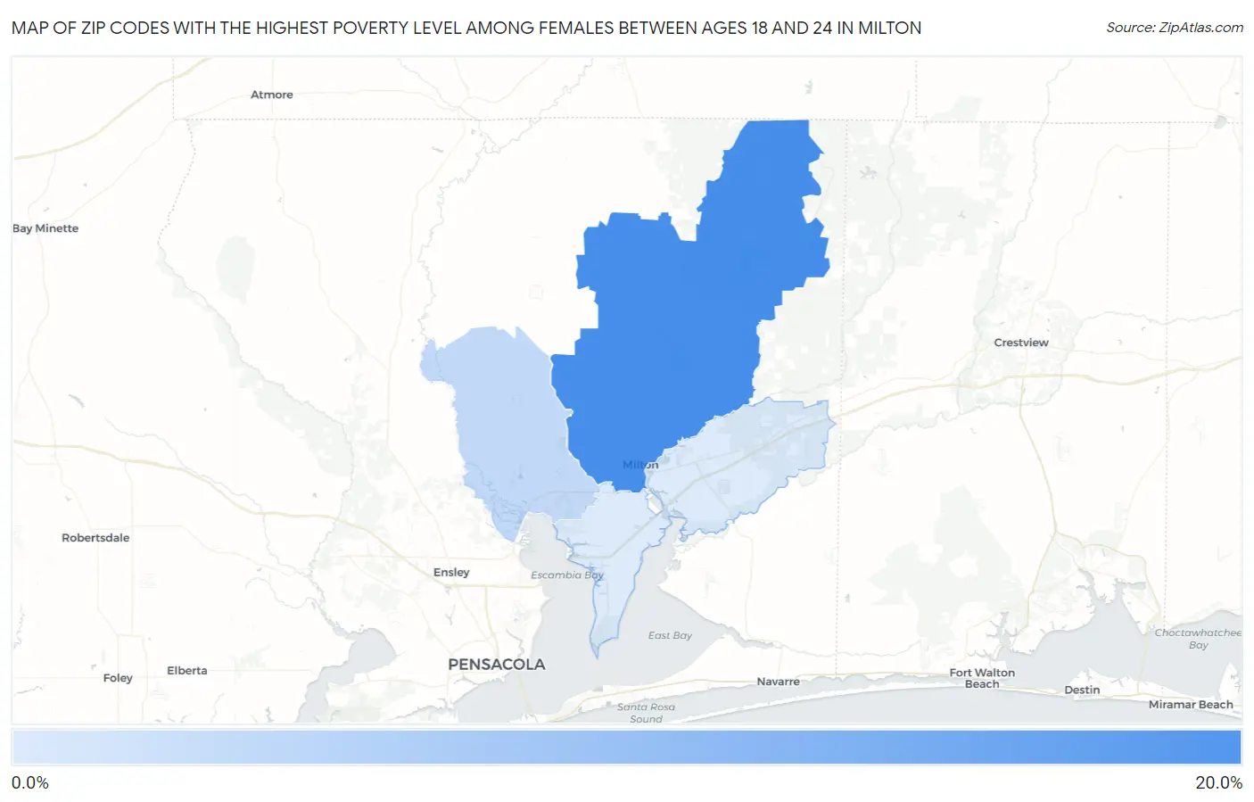 Zip Codes with the Highest Poverty Level Among Females Between Ages 18 and 24 in Milton Map