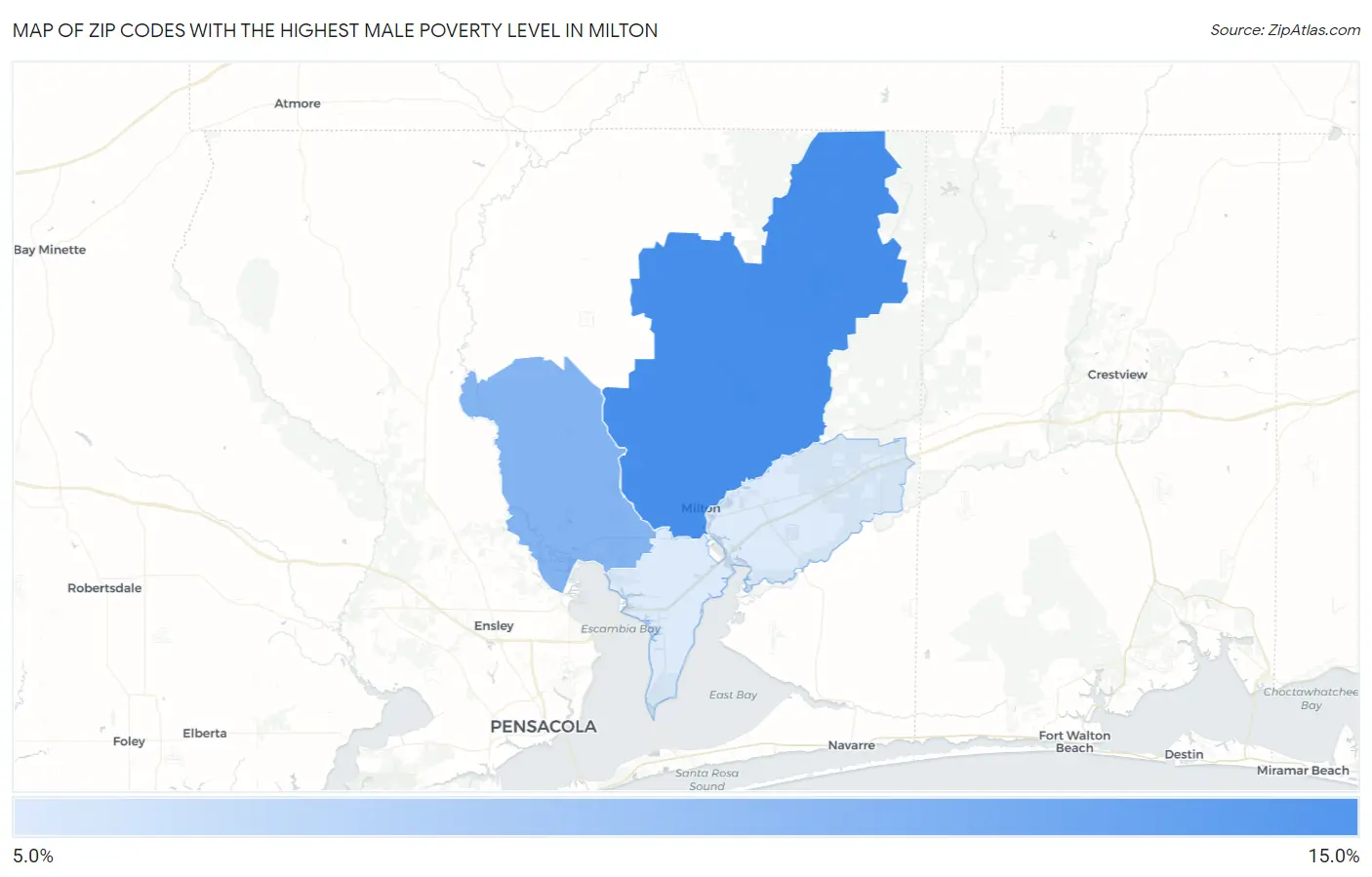 Zip Codes with the Highest Male Poverty Level in Milton Map