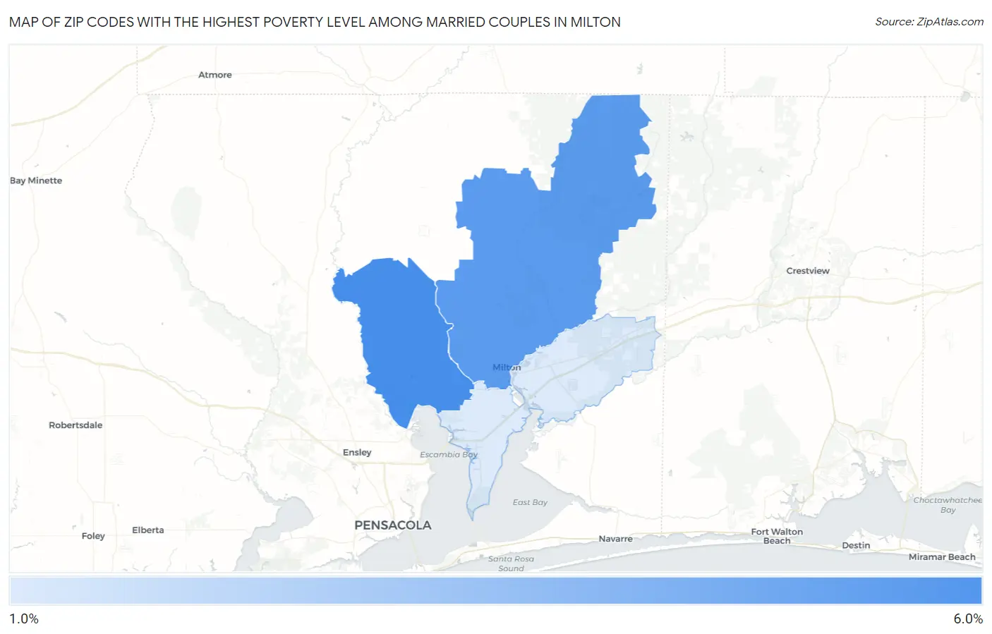 Zip Codes with the Highest Poverty Level Among Married Couples in Milton Map