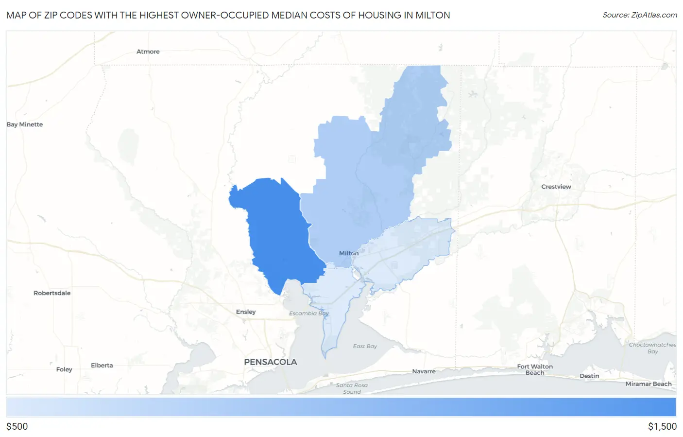 Zip Codes with the Highest Owner-Occupied Median Costs of Housing in Milton Map