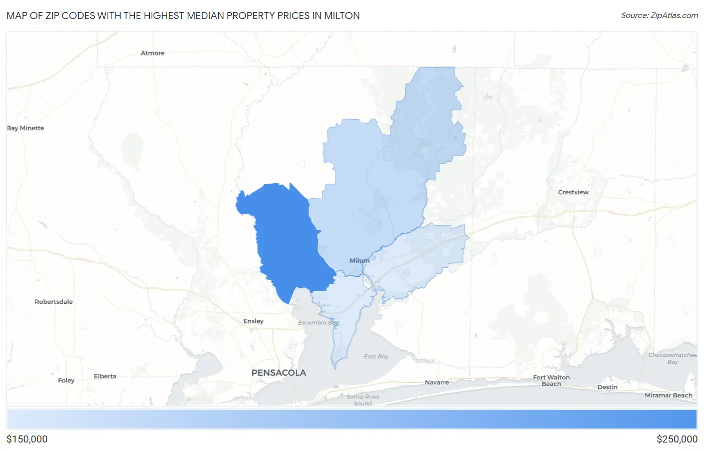 Zip Codes with the Highest Median Property Prices in Milton Map