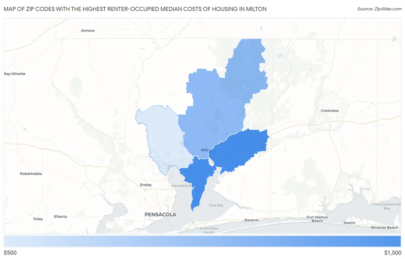 Zip Codes with the Highest Renter-Occupied Median Costs of Housing in Milton Map