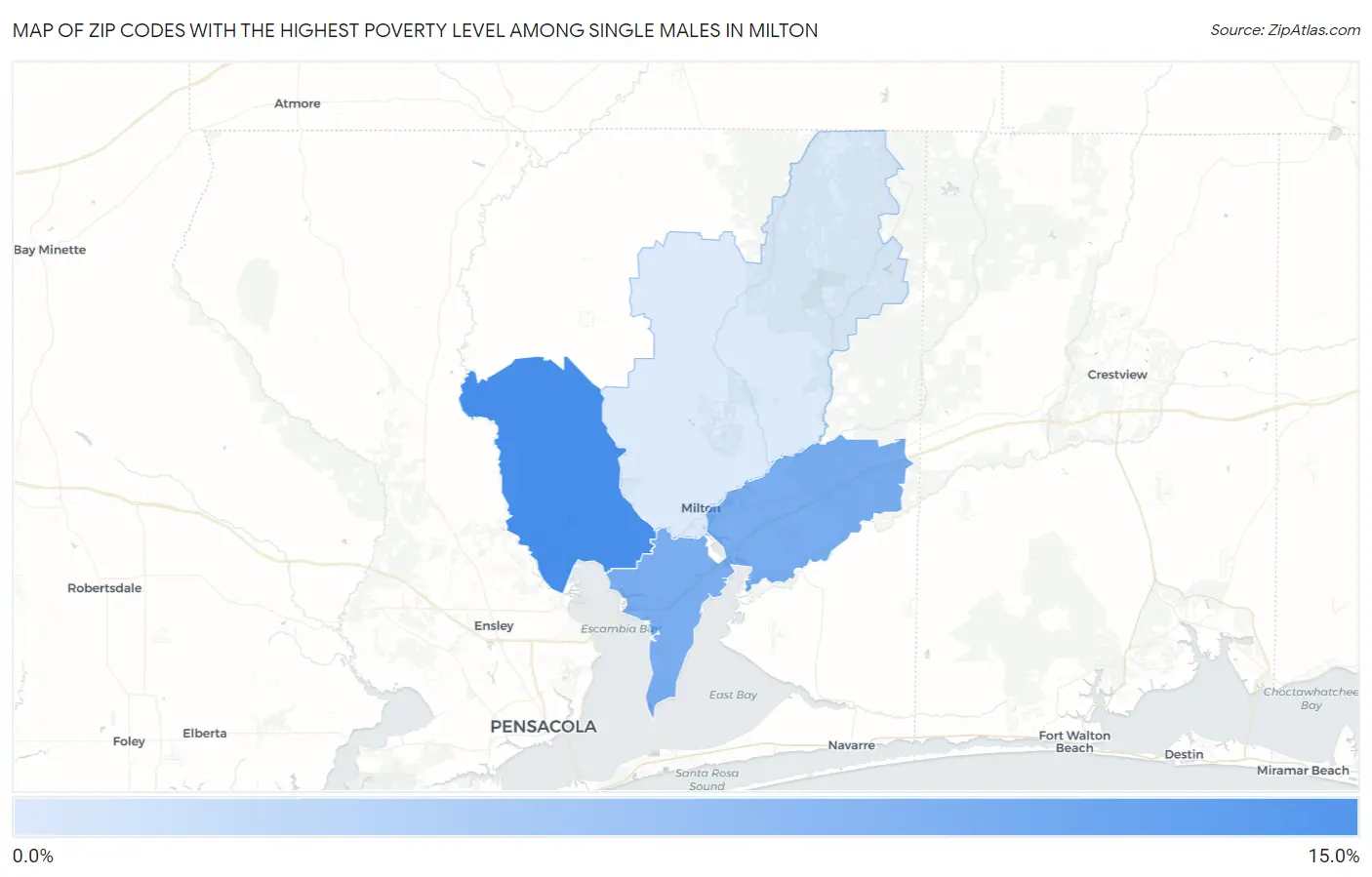 Zip Codes with the Highest Poverty Level Among Single Males in Milton Map