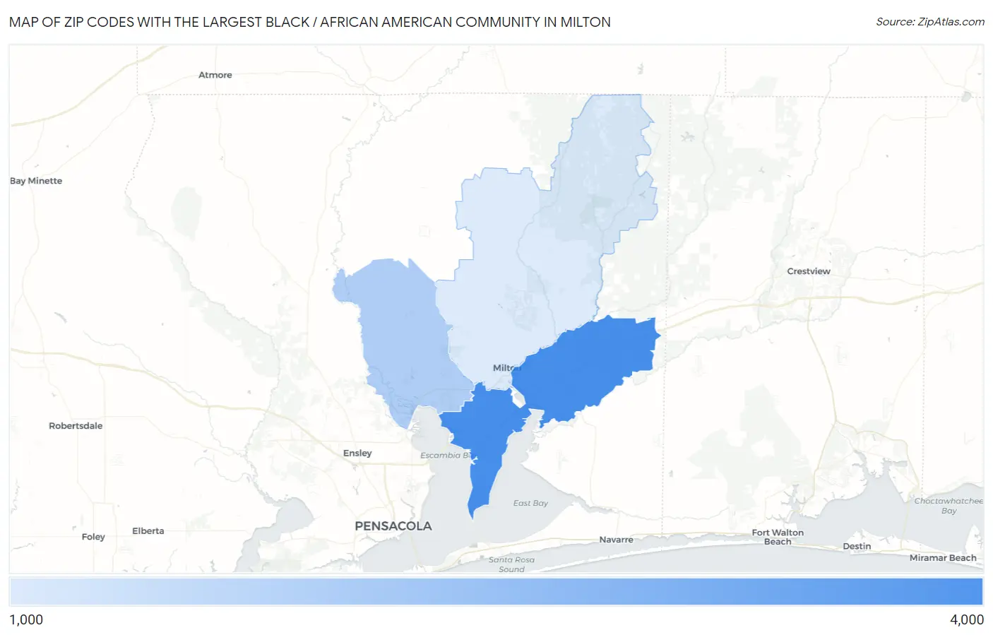 Zip Codes with the Largest Black / African American Community in Milton Map