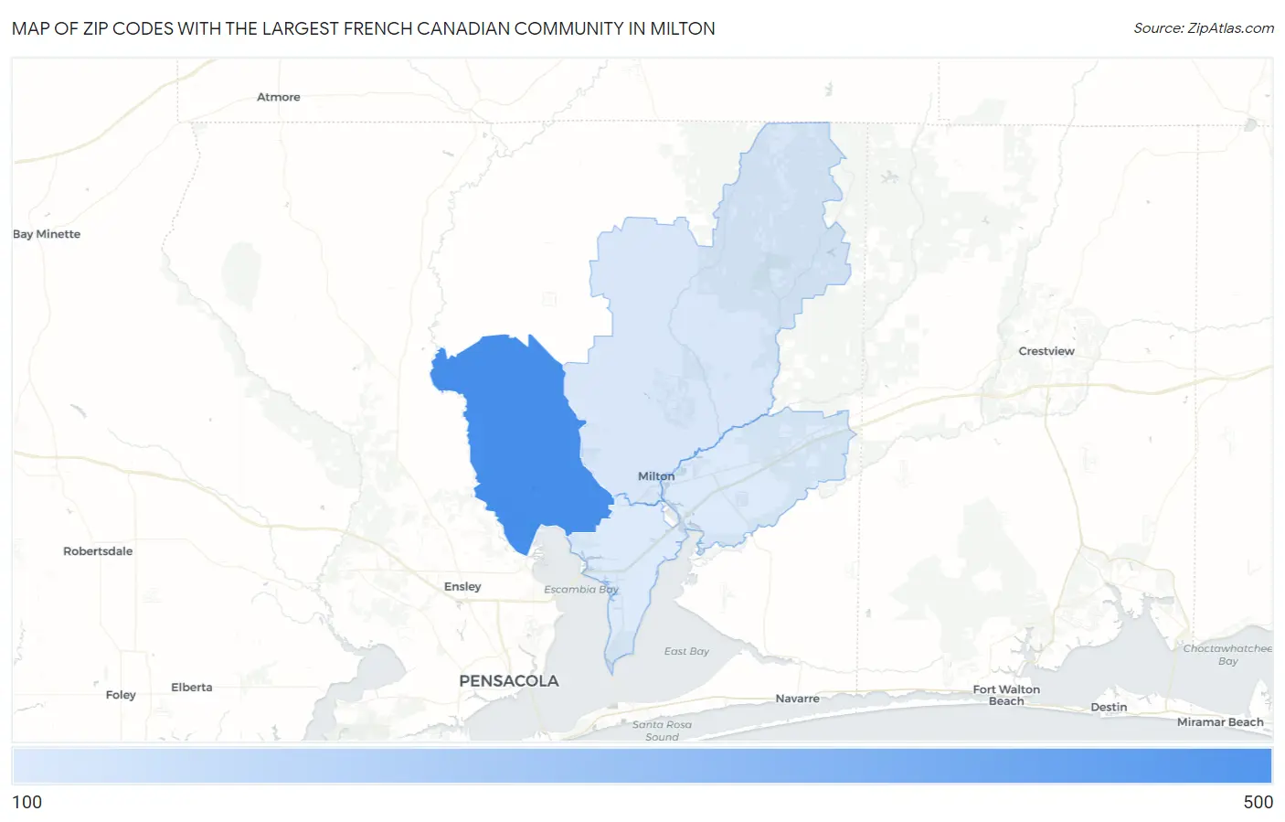 Zip Codes with the Largest French Canadian Community in Milton Map