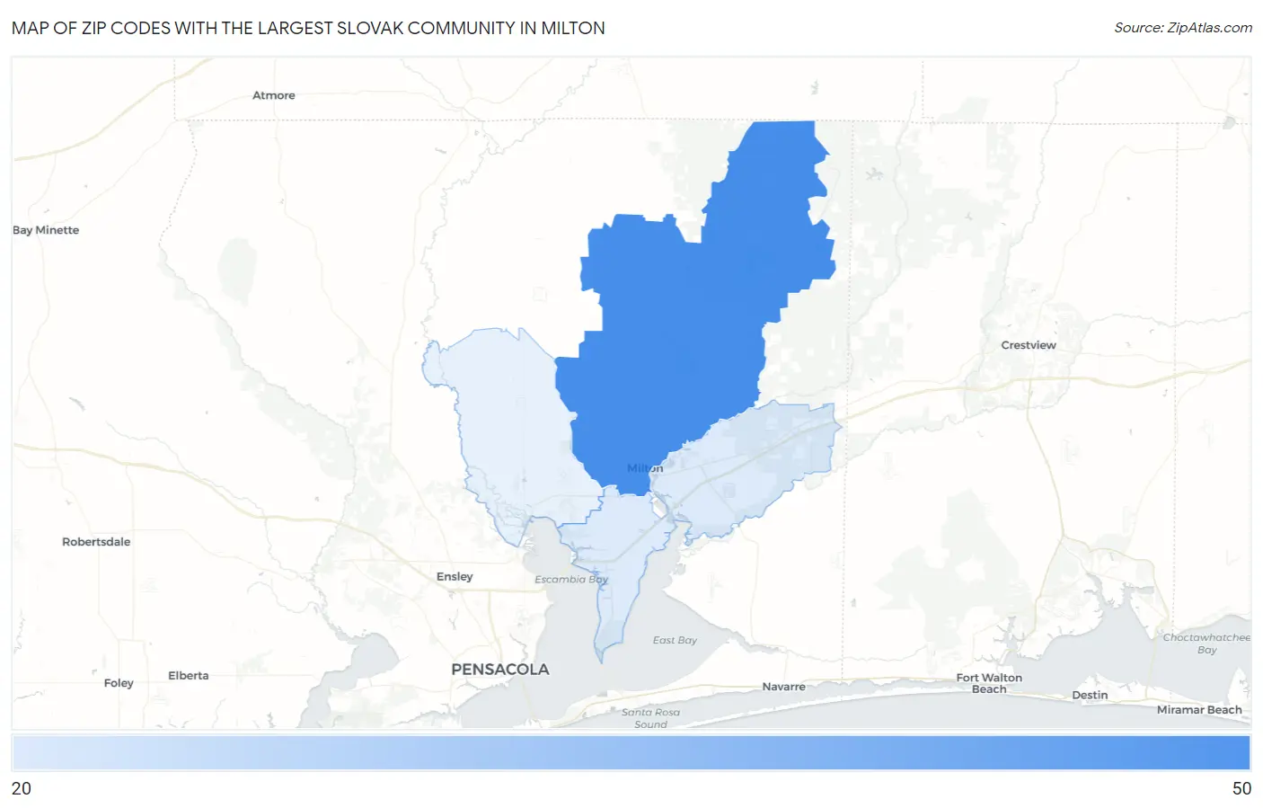 Zip Codes with the Largest Slovak Community in Milton Map