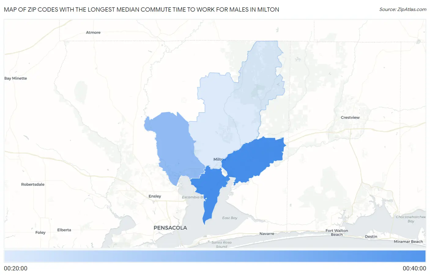 Zip Codes with the Longest Median Commute Time to Work for Males in Milton Map