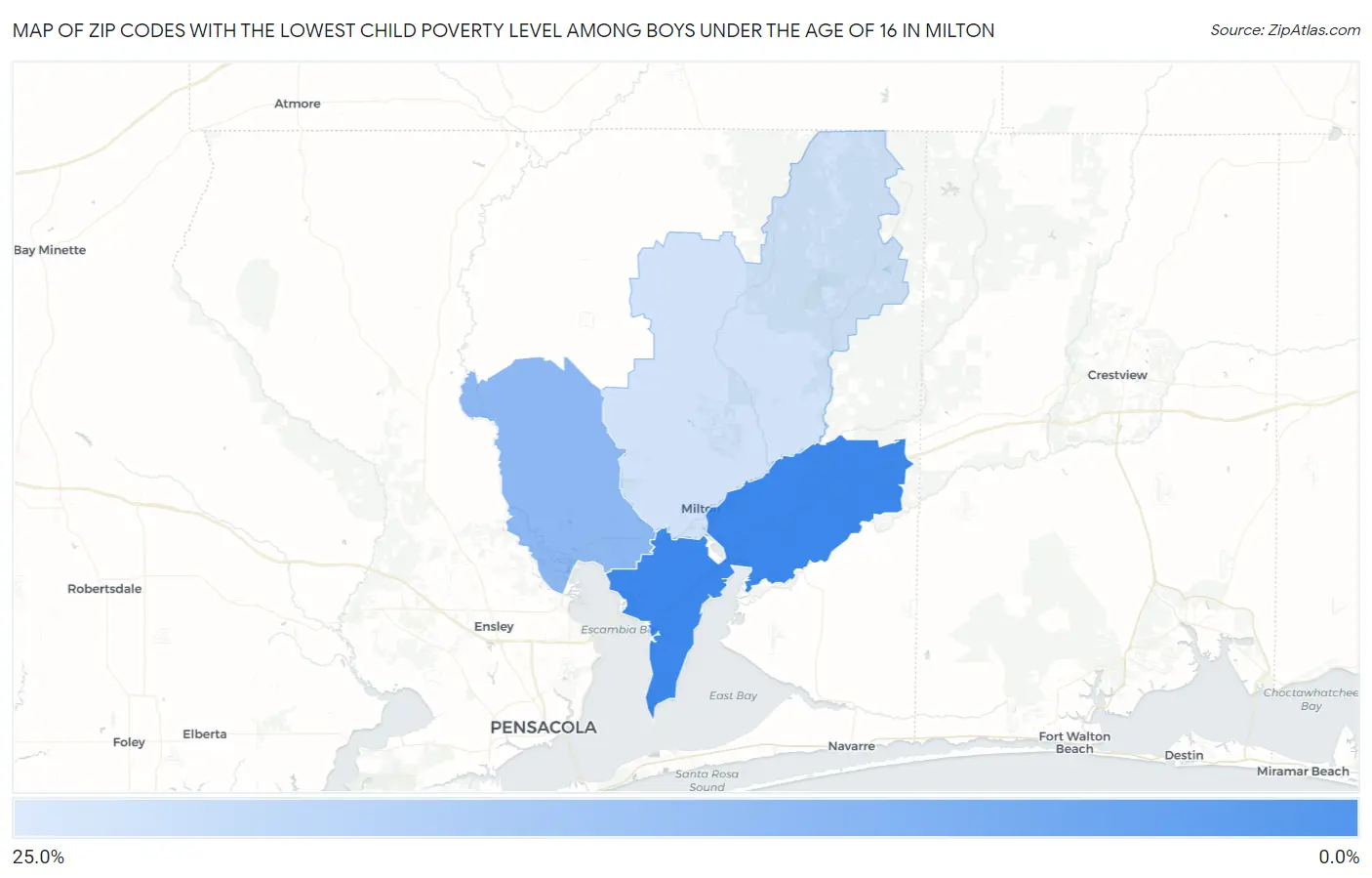 Zip Codes with the Lowest Child Poverty Level Among Boys Under the Age of 16 in Milton Map