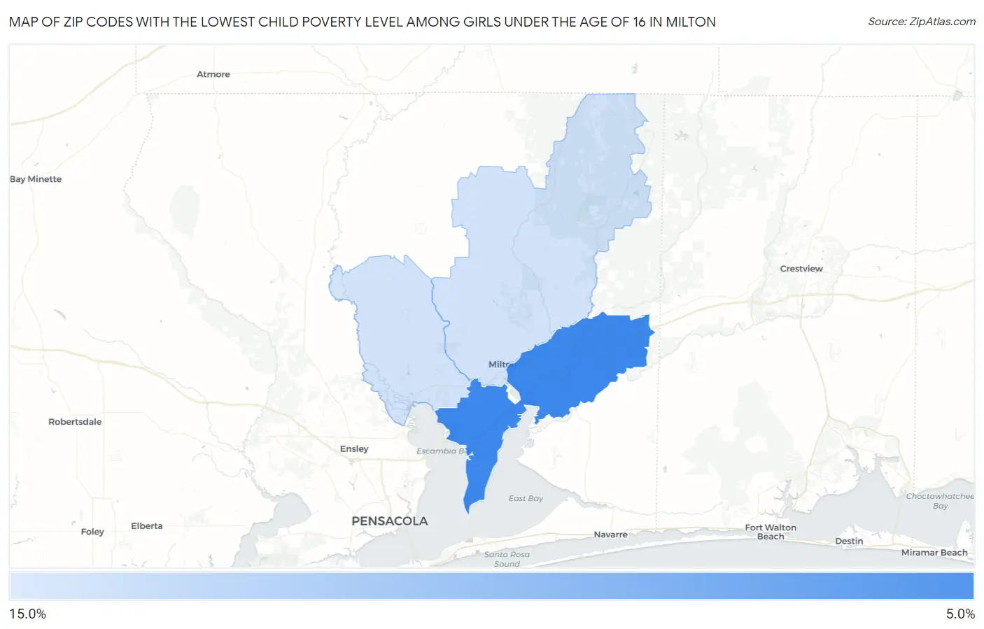 Zip Codes with the Lowest Child Poverty Level Among Girls Under the Age of 16 in Milton Map