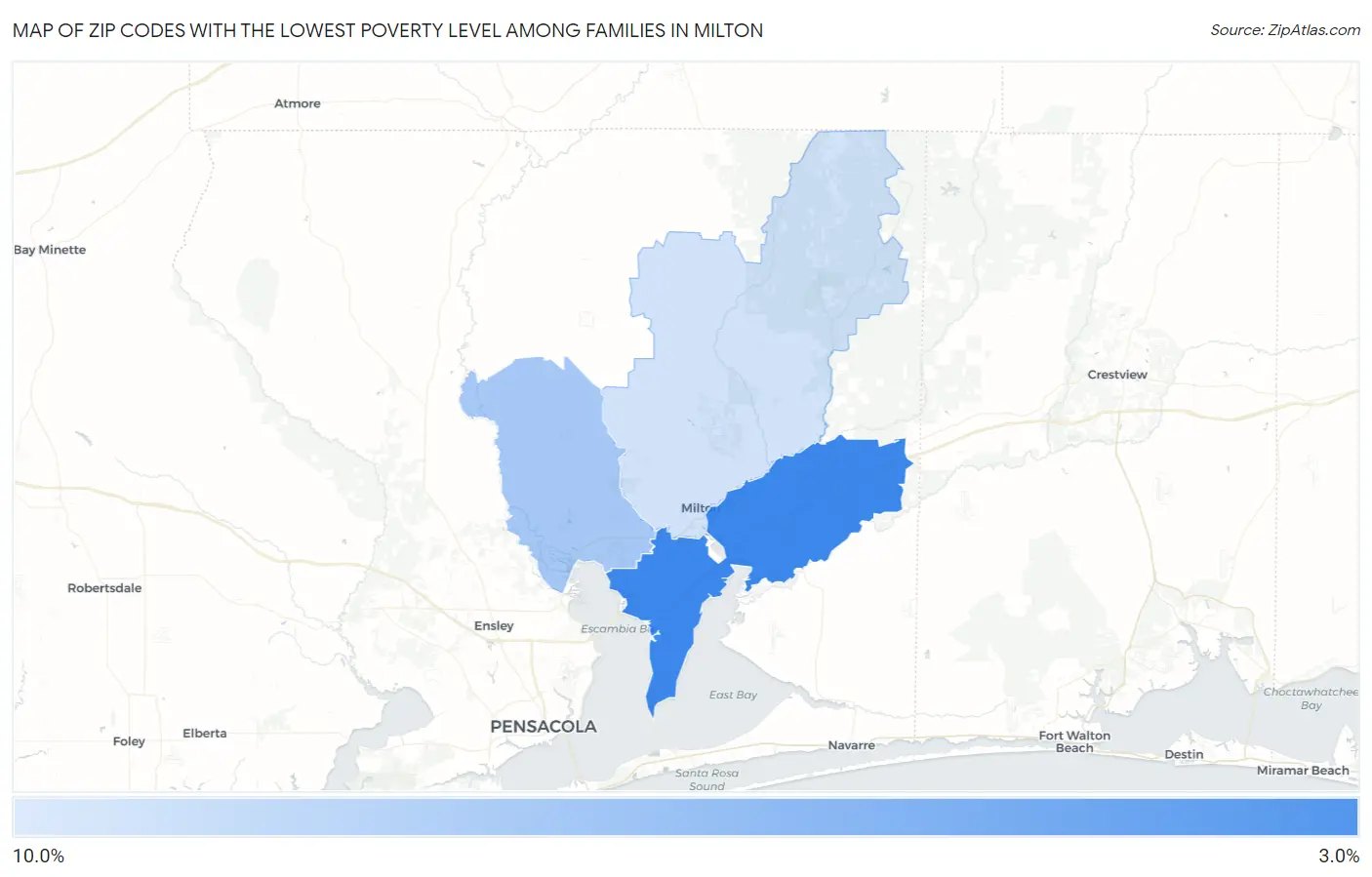 Zip Codes with the Lowest Poverty Level Among Families in Milton Map