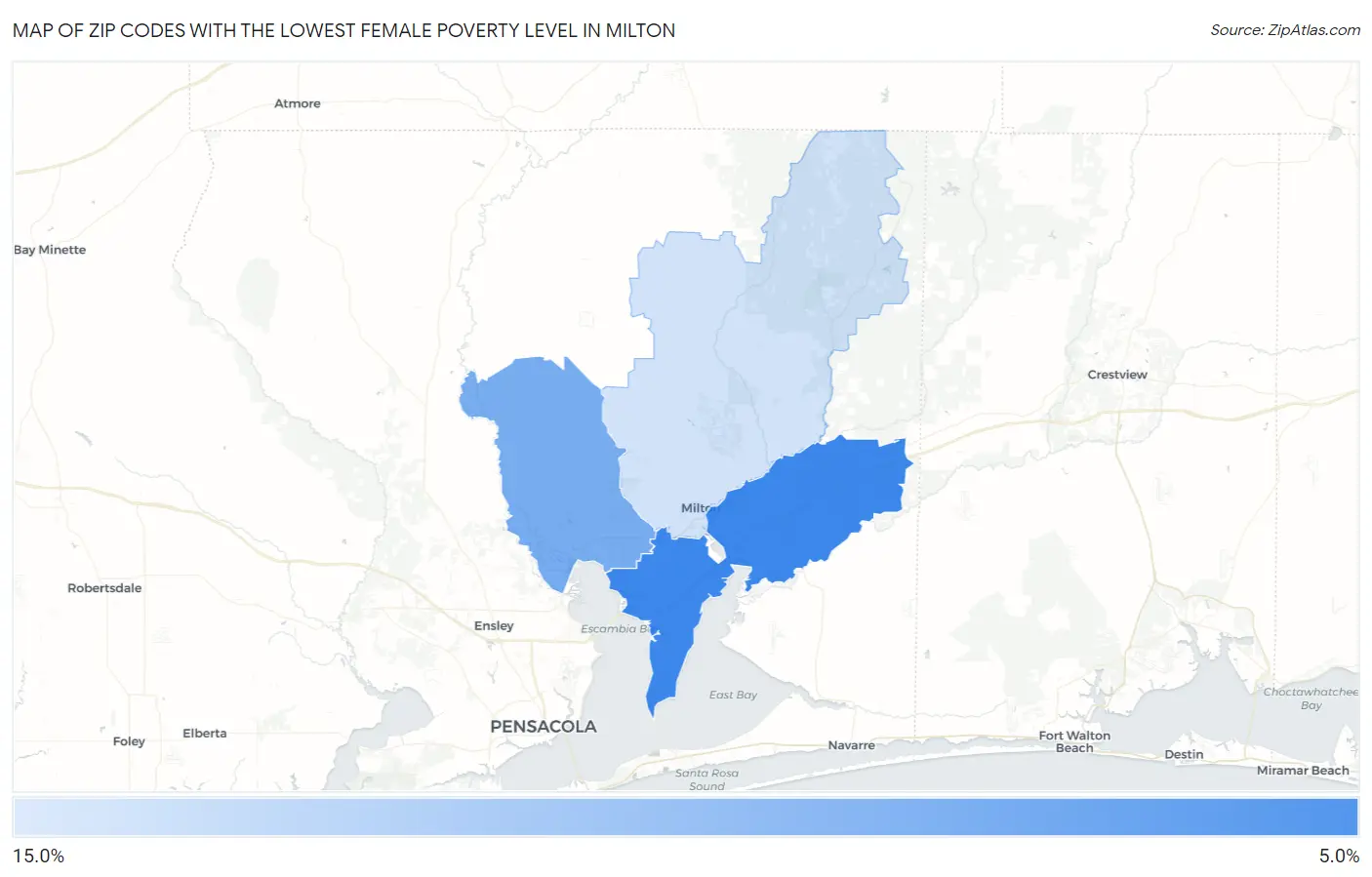 Zip Codes with the Lowest Female Poverty Level in Milton Map