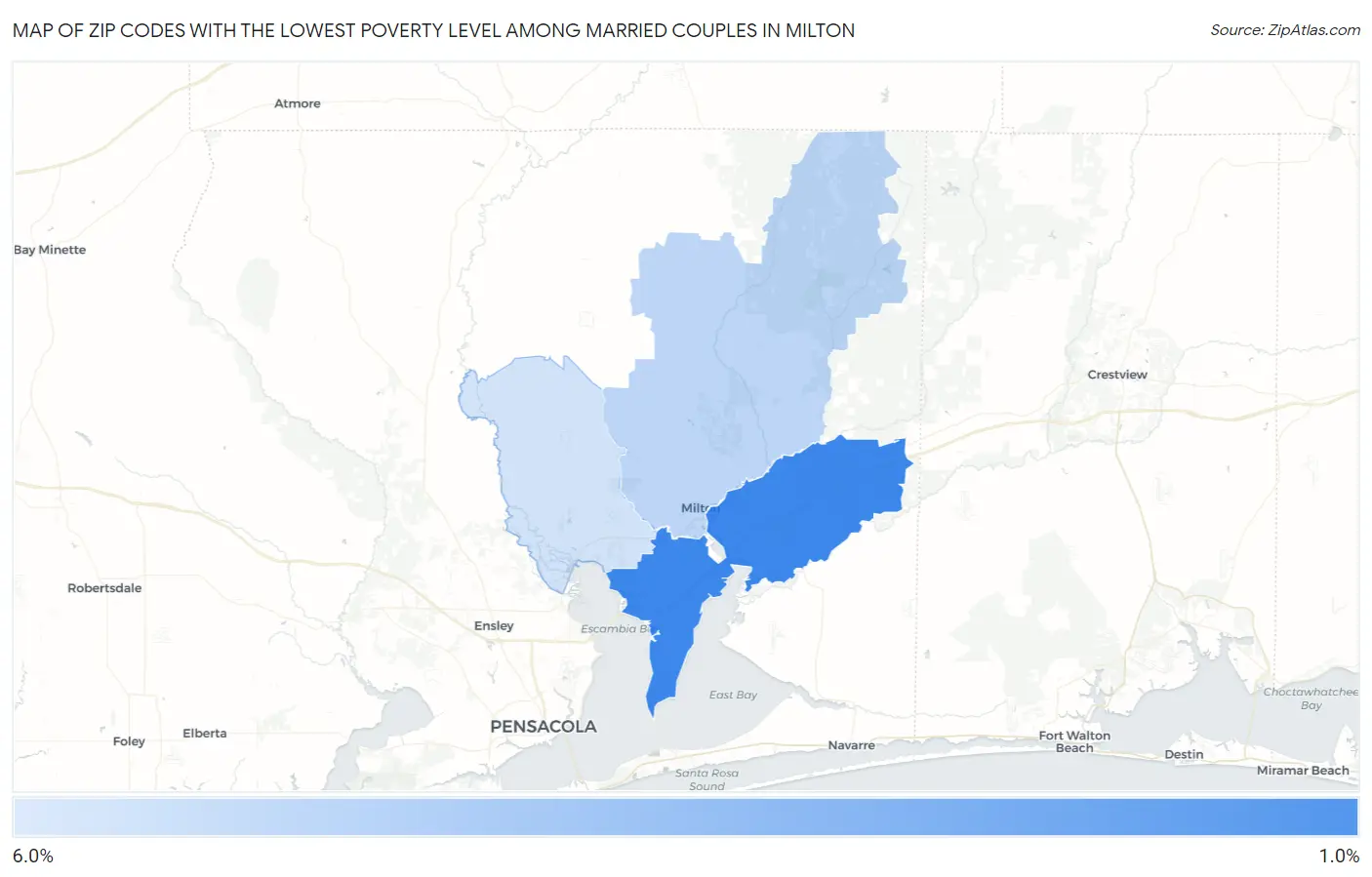Zip Codes with the Lowest Poverty Level Among Married Couples in Milton Map