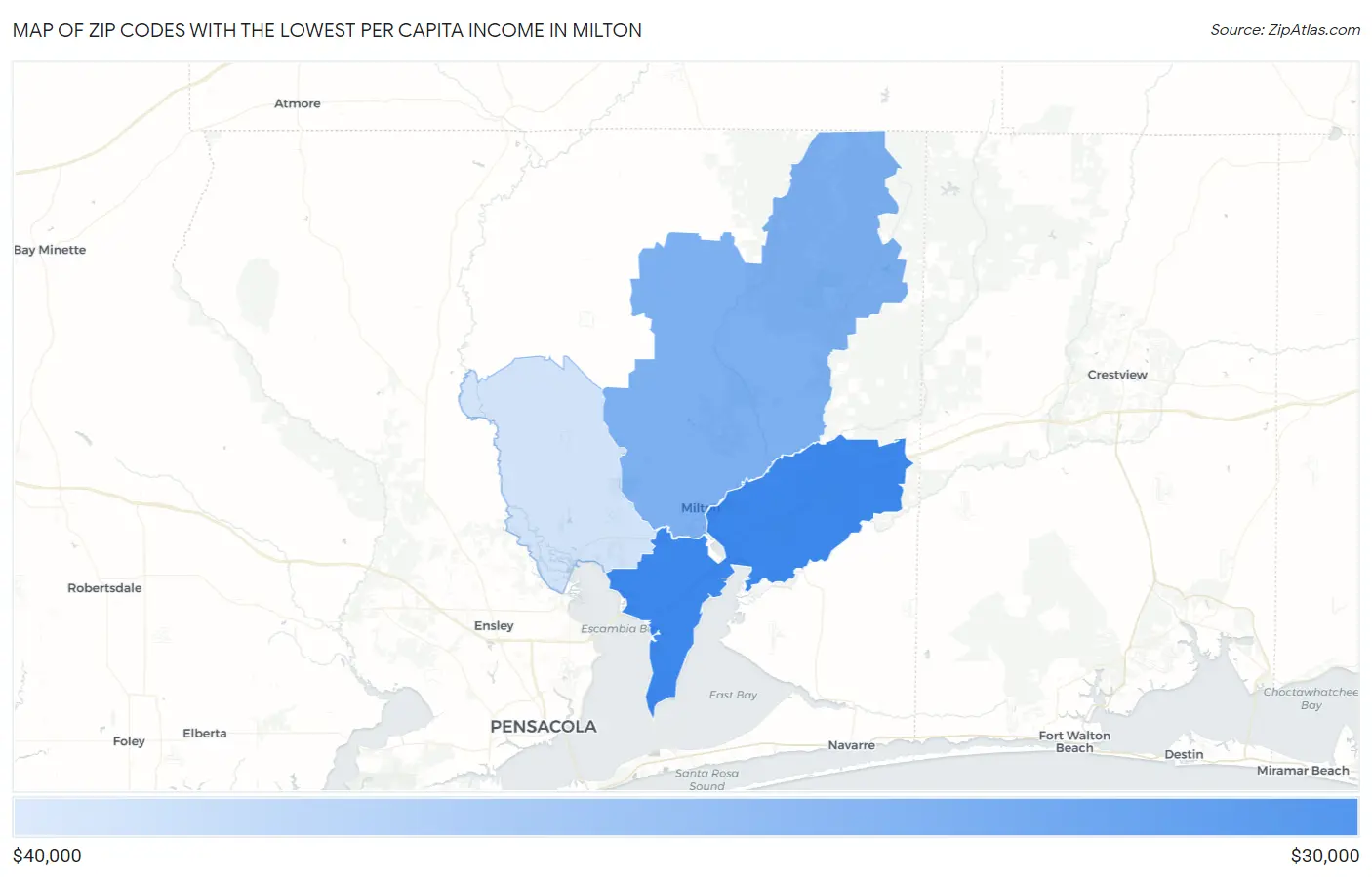 Zip Codes with the Lowest Per Capita Income in Milton Map